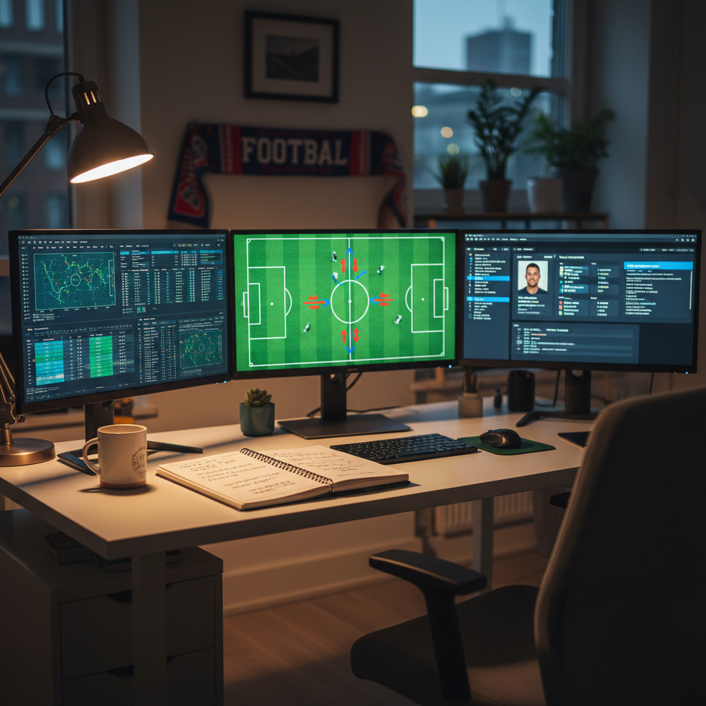 Three computer monitors showing football management tactics and data charts on a dark desk with a lamp