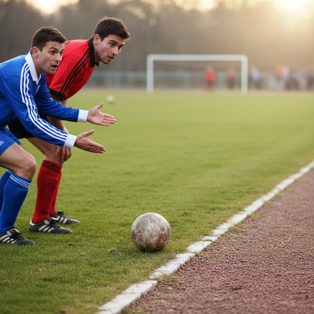 Two football players look confused as a ball rolls out of bounds during a match on a grass pitch