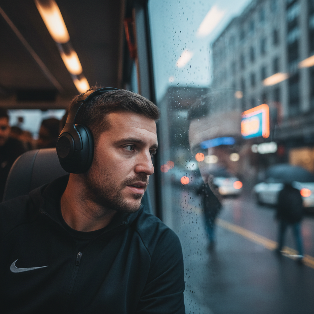 Football player in a tracksuit looking out a bus window at a rainy street