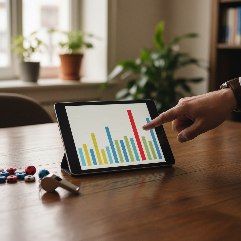 A hand pointing at a bar chart showing a single massive salary spike on a tablet