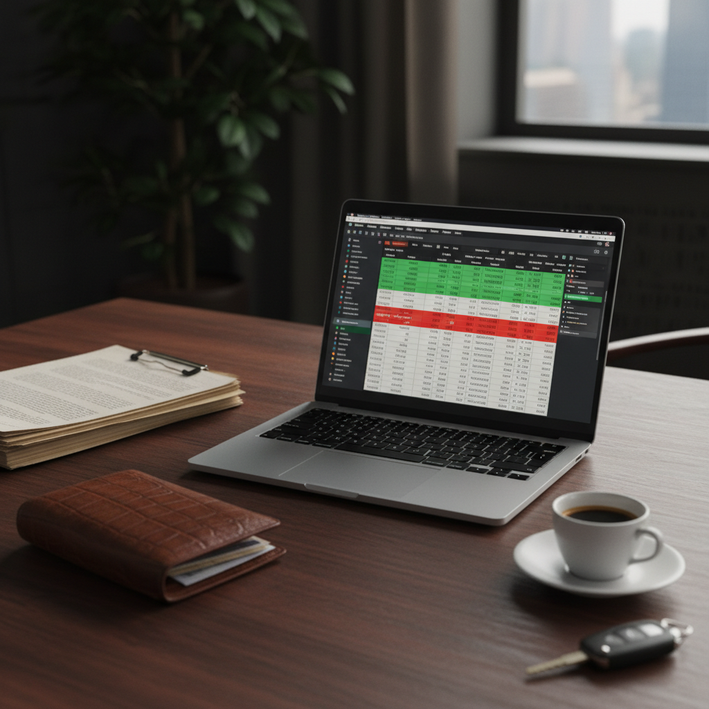 A laptop showing financial spreadsheets next to a stack of scouting reports and a leather wallet on a desk