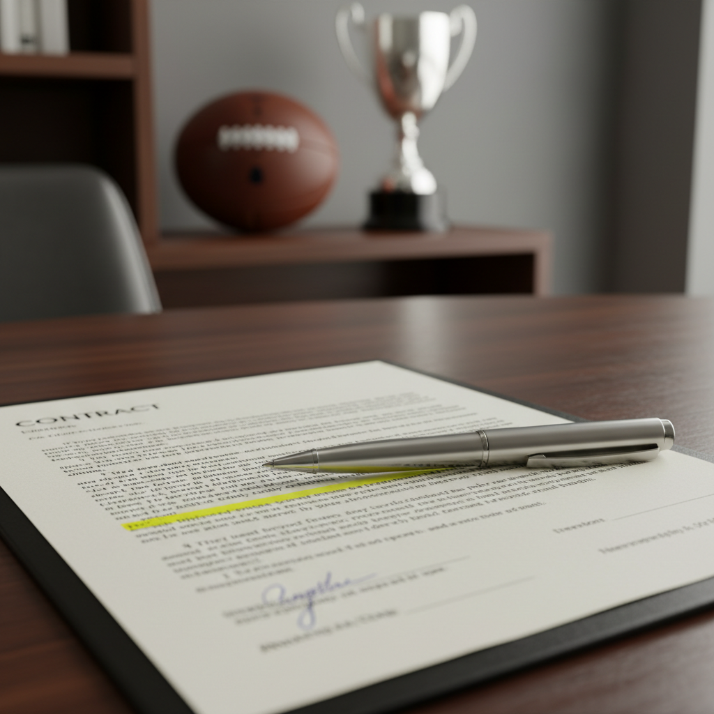 A football contract on a desk with a yellow highlighted line and a silver pen