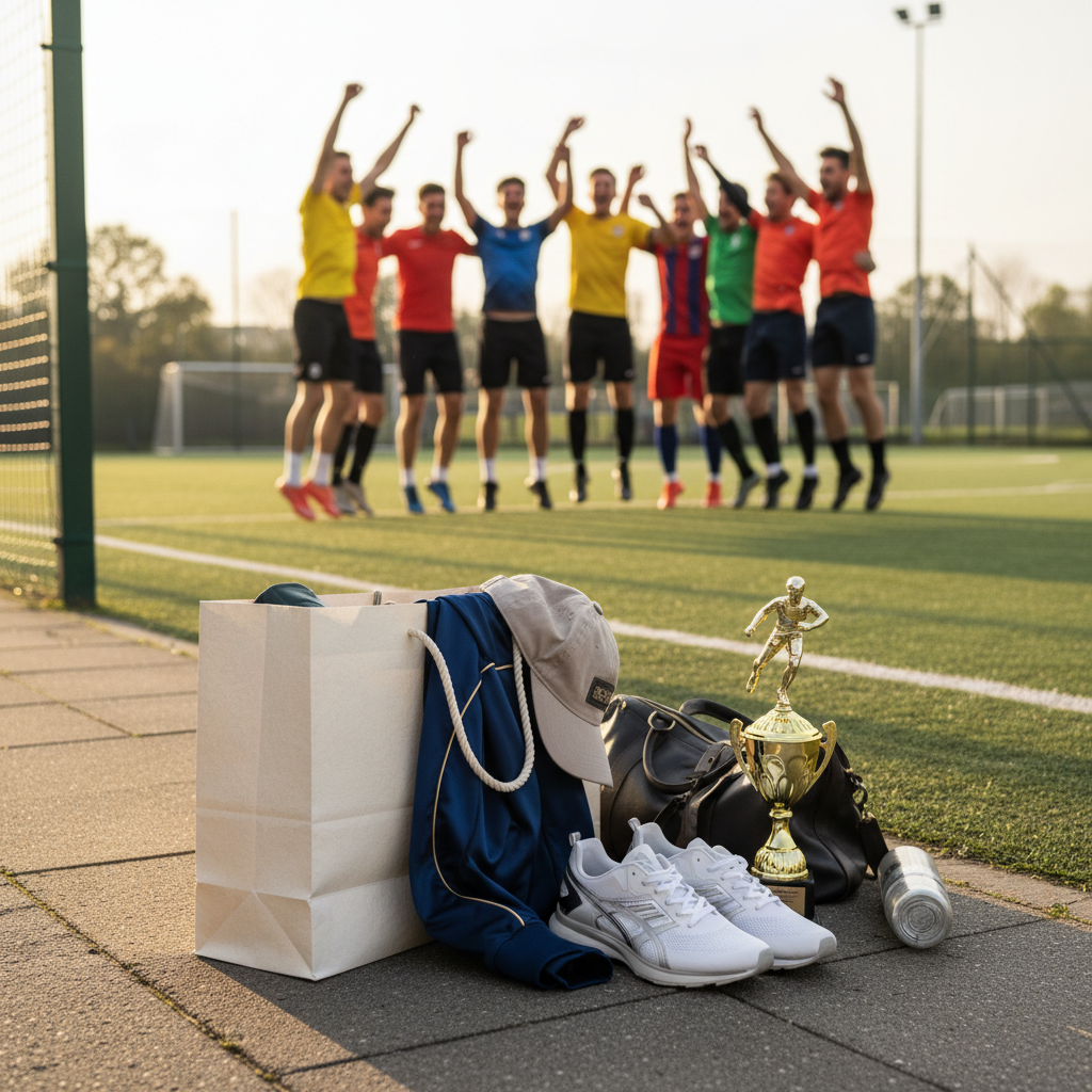 Expensive sports gear in a shopping bag left on the ground near a community football match